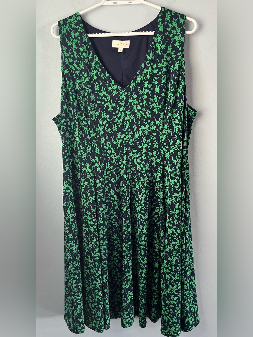 Laura Green & Navy Floral Sleeveless Stretch Flowy Midi Dress Pockets Size 18